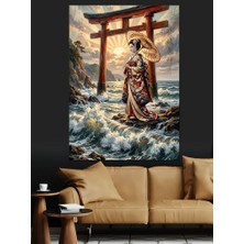 Karizma Tablo Geleneksel Kıyafetli Japon Kadını Kıyıda Dekoratif Kanvas - Mdf Ahşap Tablo