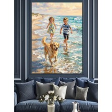 Karizma Tablo Kumsalda Koşan Çocuklar ve Köpek Dekoratif Kanvas - Mdf Ahşap Tablo