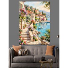 Karizma Tablo Deniz Kenarında Çiçekli Sahil Kasabası Dekoratif Kanvas - Mdf Ahşap Tablo