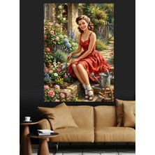 Karizma Tablo Kırmızı Elbiseli ve Çiçekli Kadın Dekoratif Kanvas - Mdf Ahşap Tablo