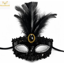 NW Nessi World Lüks Siyah Tüylü Taşlı Balo Maskesi