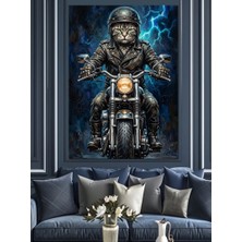 Karizma Tablo Motosiklet Süren Karizmatik Kedi Illüstrasyonu Dekoratif Kanvas - Mdf Ahşap Tablo