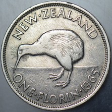 Banknoting Yeni Zelanda 1 Florin 1965 Kraliçe Iı. Elizabeth-Kiwi 28,58 Mm.