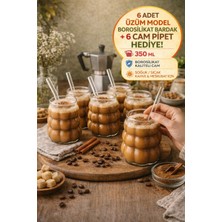 6 Adet Üzüm Model Borosilikat Kokteyl  Soğuk Sıcak Kahve Meşrubat Bardağı 6 Cam Pipet Hediye 350 ml