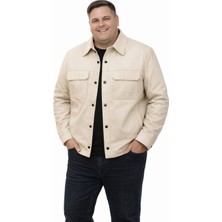 Viamod Leather Büyük Beden Erkek Bej Hakiki Deri Gömlek Ceket – Çift Cepli Modern Tasarım 19060