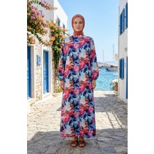 Sefa Merve Desenli Düğmeli Kolu Lastikli Elbise 0251-03 Fuşya Indigo