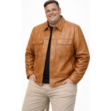 Viamod Leather Büyük Beden Erkek Taba Hakiki Deri Gömlek Ceket – Çift Cepli Modern Tasarım 19060