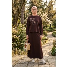 Sefa Merve Çiçek Nakışlı Taşlı Ikili Takım 0255-01 Kahverengi