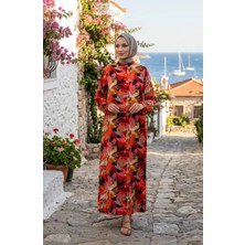 Sefa Merve Desenli Düğmeli Kolu Lastikli Elbise 0251-04 Kırmızı Oranj