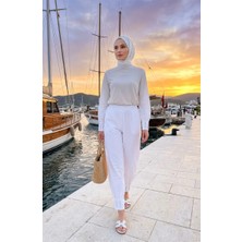 Sefa Merve Beli Lastikli Paçası Taşlı Pantolon 71101-03 Beyaz