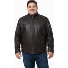 Viamod Leather Büyük Beden Erkek Kahverengi Hakim Yaka Deri Mont Ceket 8608