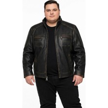 Viamod Leather Büyük Bedenerkek Siyah Hakim Yaka Deri Mont %100 Saf Deri Eskitme Görünümlü Fermuarlı Kışlık Ceket Petro