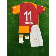 4'lü Set Yunus 11 Numara Galatâsarây 2025/2026 Yeni Sezon Iç Saha Parçalı Sarı Kırmızı Çocuk Forma Şort Çorap Bileklik