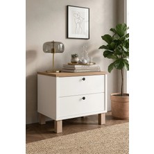 Robin Home Alaska Komodin 2 Çekmeceli Ahşap Ayaklı Sepet-Beyaz