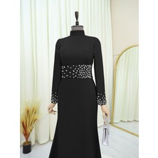 Modamorfo Korse Kemerli Taşlı Saten Abiye  -Siyah