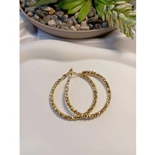 Euro Aksesuar Luxury Jewelry 14 Ayar Altın Kaplama Tırtıklı Dokulu Halka Küpe (4 Cm)