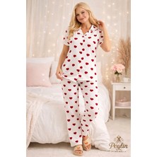CharMe Beyaz Kırmızı Kalp Desenli Milan Kumaş Kısa Kollu Düğmeli Gömlek Yaka Kadın Pijama Takımı