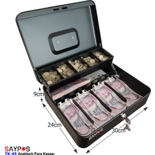 Saypos Metal Para Çekmecesi Kasası 4 Banknot 5 Bozuk Para Bölmeli Taşıma Kulplu 30x24x9cm