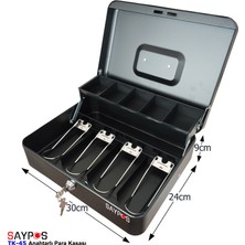 Saypos Metal Para Çekmecesi Kasası 4 Banknot 5 Bozuk Para Bölmeli Taşıma Kulplu 30x24x9cm