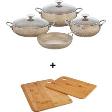 Taç Mastercook Tombik 7 Parça Granit Tencere Seti Gri Metal Saplı Yanmaz Yapışmaz Isıya Dayanıklı Cam Kapaklı + Hediye Ahşap Mutfak Kesme Tahtası