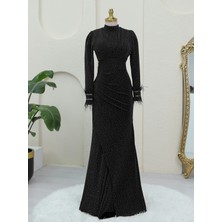 Modamorfo Kolu Tüylü Önü Çift Kuyruklu Abiye -Siyah