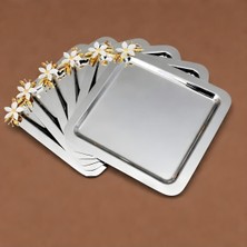 Chef Taste Jasmin Kare Paslanmaz Çelik 6 Lı Takım Çiçek Aksesuarlı Kahve ve Çok Amaçlı Sunum Tepsisi