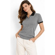 Meğdaix Polo Yaka Çizgili Tişört Kısa Kol Düğmeli Yazlık T-Shirt - Gri