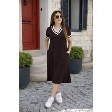 Cotton Lab Cottonlab Kadın Kısa Kollu V Yaka ve Yaka Ribana Detay Midiboy Viskon Elbise