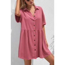 Arben Boutique Kadın Kısa Kollu Yakalı Önden Düğmeli Kısa Bürümcük Elbise