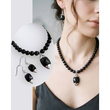 925 Ayar Gümüş Simli Yıldız Doğal Taşlı Damla Tasarım Kadın Kolye Küpe Set