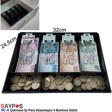 Saypos Metal Mandallı Çekmece Içi Para Düzenleyici 4 Banknot Bölmeli Para Çekmecesi Içi 32x24,5x3,5cm