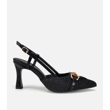 Hotiç 01AYH320810A100 KADIN Siyah Hasır Detaylı Tokalı Kısa Topuklu Stiletto