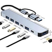 Çoklayıcı Adaptör 7in1 Usb/type-C To USB A, USB C Uyumlu Çevirici Adaptör Çok Portlu Çoklayıcı 7 In 1 USB Hub (Gri)