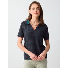 Jimmy Key Koyu Yeşil Kısa Kollu Polo Yaka Desenli Örme Bluz