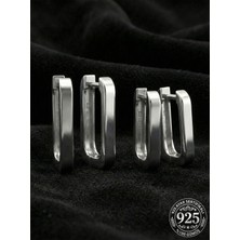 Roza Silver 925 Ayar Gümüş Rodyum Kaplama Dikdörtgen Huggie Halka Küpe Seti 2'li Çift - (Orta-Küçük 3mm En)