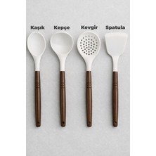 Destpak 4 Parça Silikon Servis Seti - Akasya Saplı Kaşık, Kevgir, Kepçe ve Spatula - Yanmaz Yapışmaz