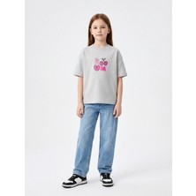 Alyakids Kız Çocuk Oversize  Kuromi Baskılı %100 Pamuklu Kısa Kollu Bisiklet Yaka T-Shirt
