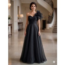 Prline Tek Omuzlu Drapeli Gezer Organze Uzun Elbise