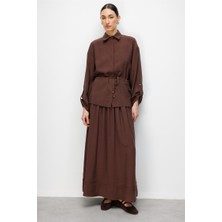 Mizalle Mizallle Kahverengi  Beli Büzgülü Viskoz Tunik
