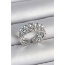 Evyora Pirinç Gümüş Renk 2'li Sıra Zirkon Taşlı ve Incili Ayarlanabilir Kadın Yüzük