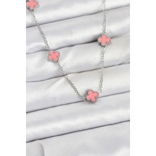 Evyora 316L Çelik Zincir Gümüş Renk Pembe Baby Boy Yonca Kadın Kolye