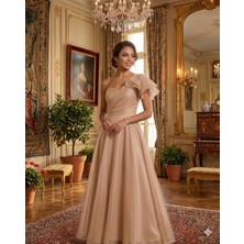 Prline Tek Omuzlu Drapeli Gezer Organze Uzun Elbise