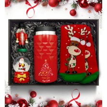 As Gift Yılbaşı Temalı Kişiye Özel Kırmızı Termos & Yılbaşı Çorabı & Kar Küresi & Mini Fındıkkıran