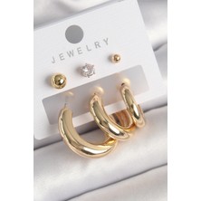 Evyora Pirinç Gold Renk Halka Model Zirkon Taşlı Topçuk Detay Kadın Küpe