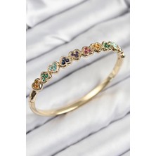 Evyora Pirinç Renkli Zirkon Taşlı Sıralı Kalp Model Gold Renk Kadın Kelepçe