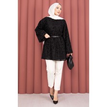 SVS Flok Baskı Balon Kol Kemerli Tunik Siyah