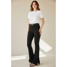 Sheenza Yüksek Bel Ispanyol Paça Siyah Örme Pantolon (Yırtmaç Detaylı)