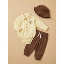 Alyakids Erkek Bebek Maymun Nakışlı 3\'lü Kombin Takım Çizgili Gömlek Pantolon ve Şapka