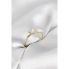 Evyora Incili Kelebek Model Gold Renk Pirinç Kadın Yüzük