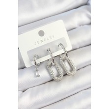 Evyora Pirinç Zirkon Taşlı Dikdörtgen Model Gümüş Renk 3'lü Çift Kadın Küpe Set